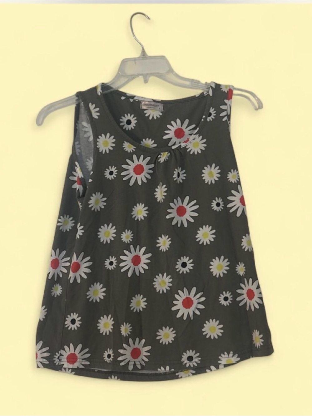 Sleeveless Daisy Print Blouse - Dark Gray with White & Red Flowers